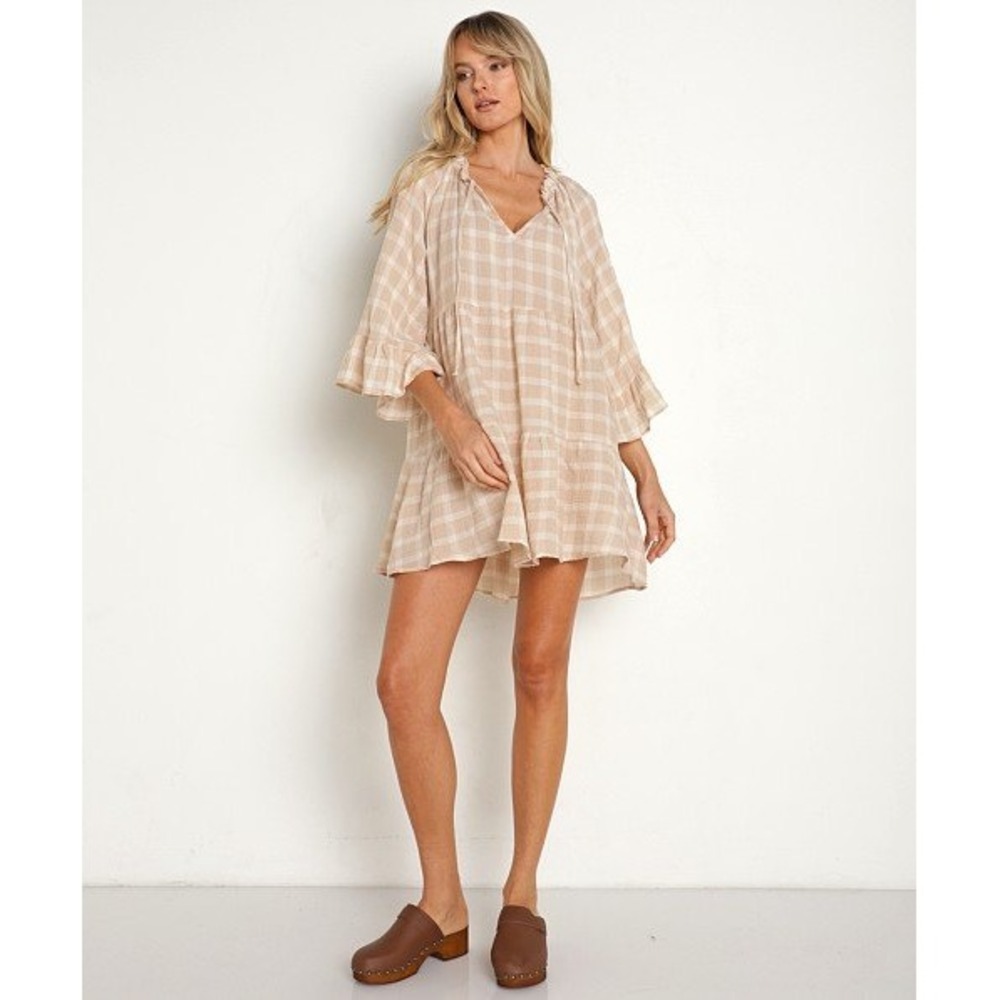 Show Me Your Mumu Viola Mini Dress Cream Plaid Large‎